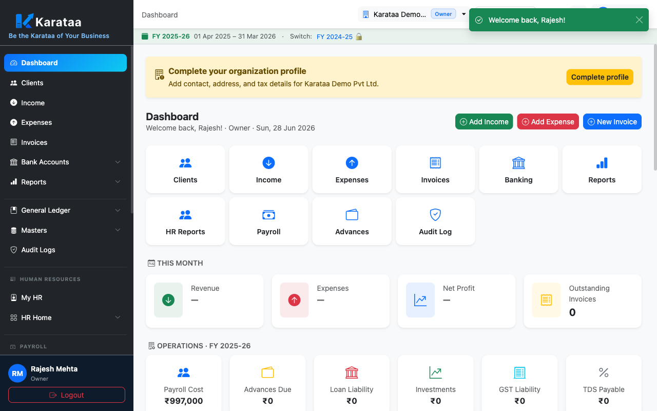 Karataa dashboard